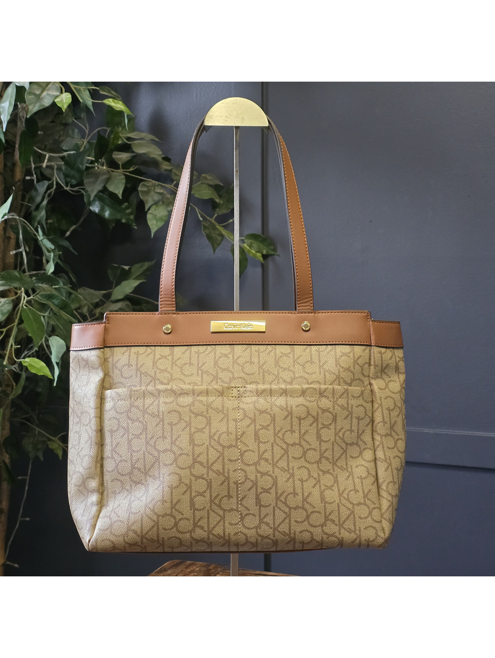 Calvin Klein Beige Brown Monogram Tote Bag with Leather Trim Stylish